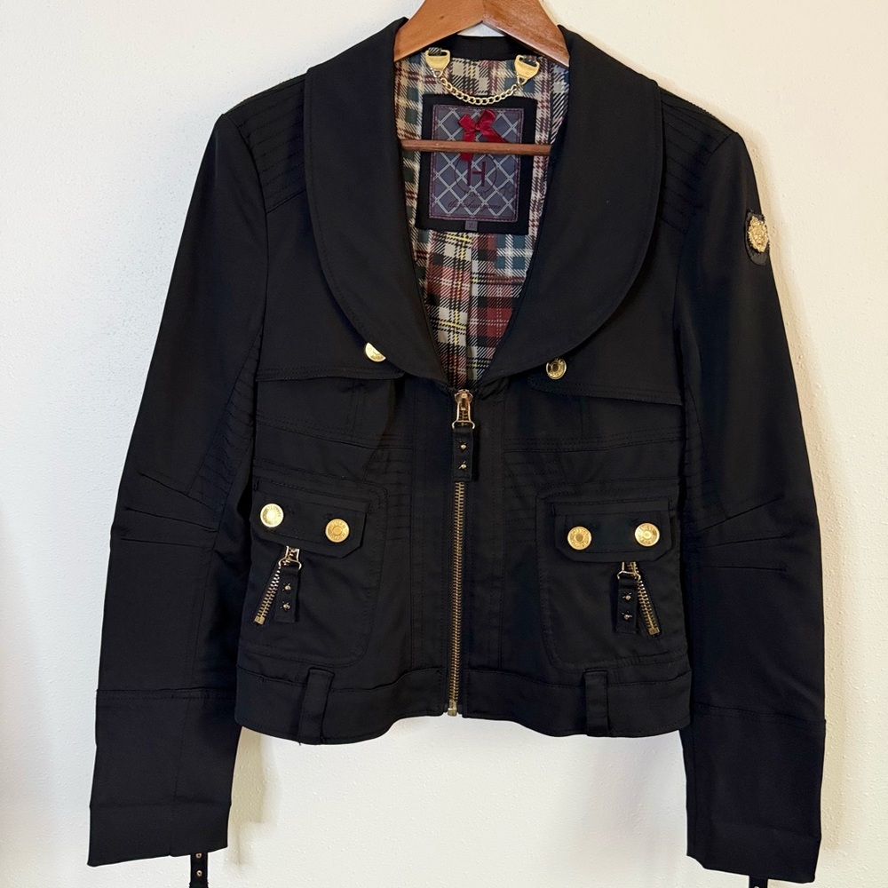 Vivian Heach The Fashion Game Jacket XL Black Gold Crest Plaid Lined Zip Front
